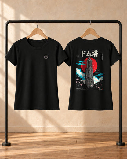 Saki Tee 咲 | Origin Dark — front and back views on hangers