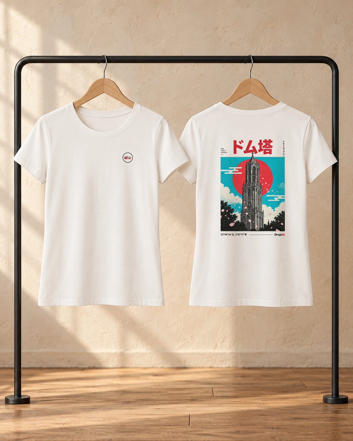 Saki Tee 咲 | Origin Light — front and back views on hangers