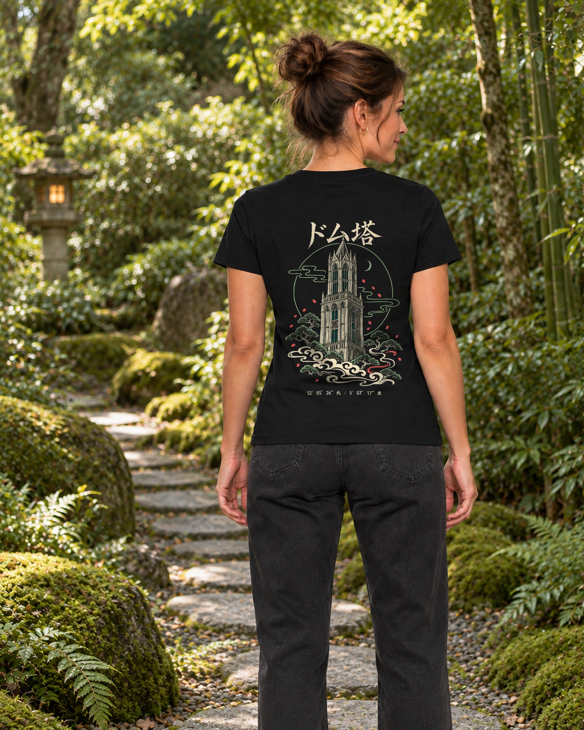 Saki Tee 咲 | Zen Dark — alternative back view showing the artwork in a Japanese setting