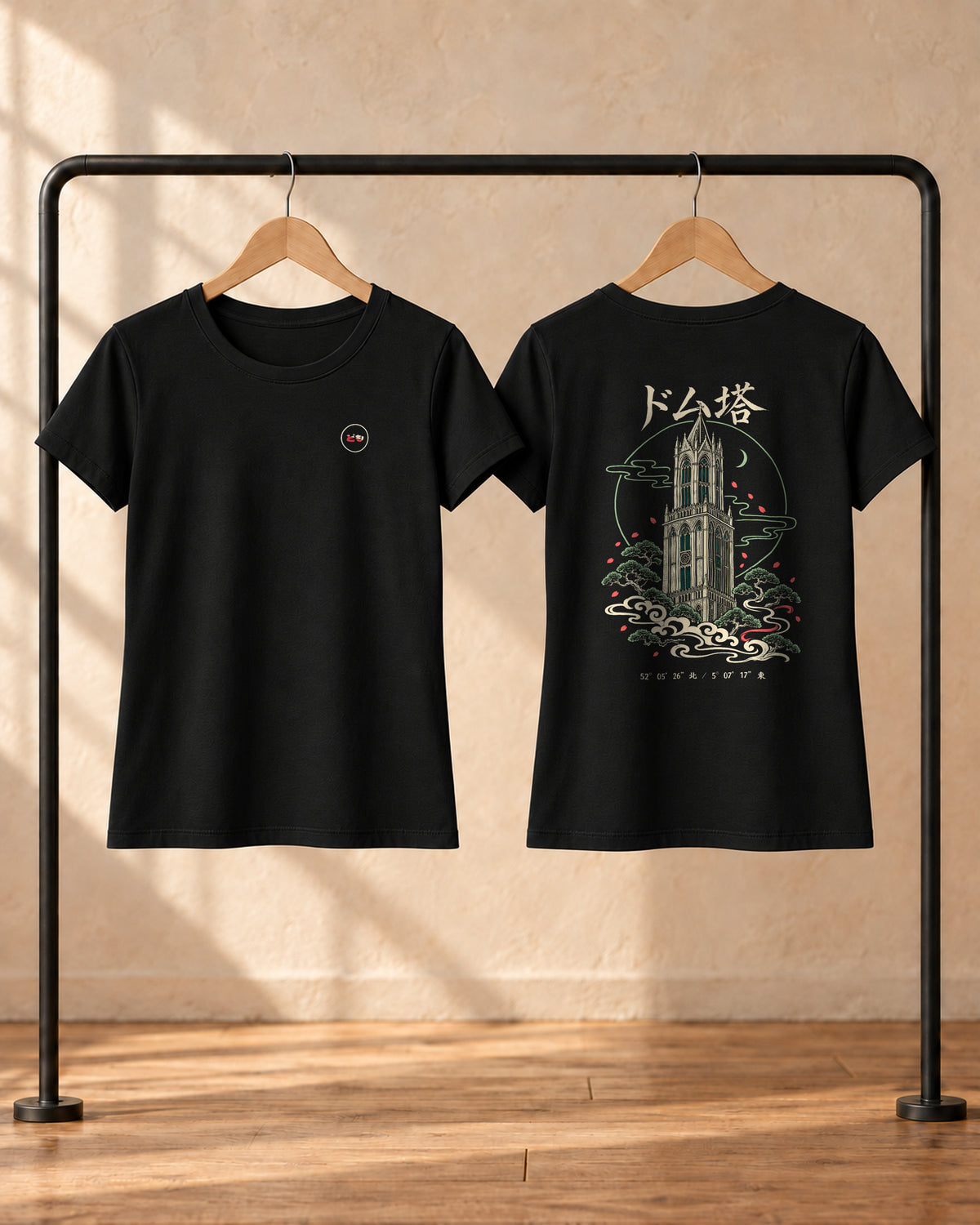 Saki Tee 咲 | Zen Dark — front and back views on hangers