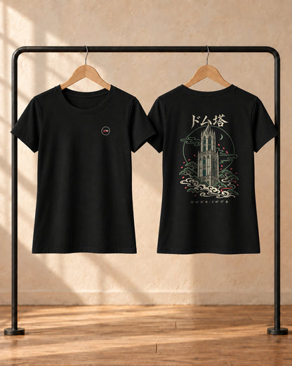 Saki Tee 咲 | Zen Dark — front and back views on hangers