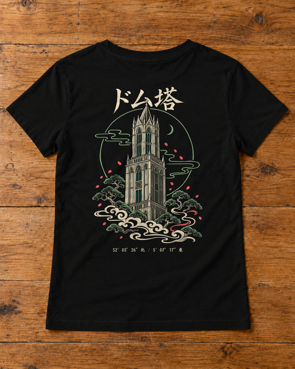 Saki Tee 咲 | Zen Dark — back artwork laid flat on a table