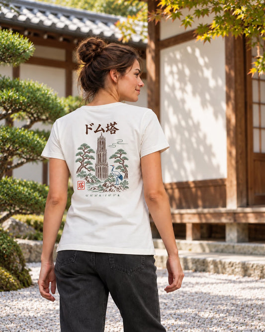 Saki Tee 咲 | Zen Light — alternative back view showing the artwork in a Japanese setting