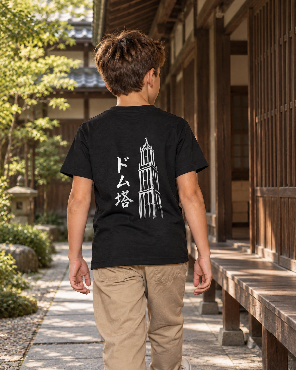 Wakaba Kids Tee 若葉 | Ink — alternative back view showing the artwork in a Japanese wooden courtyard