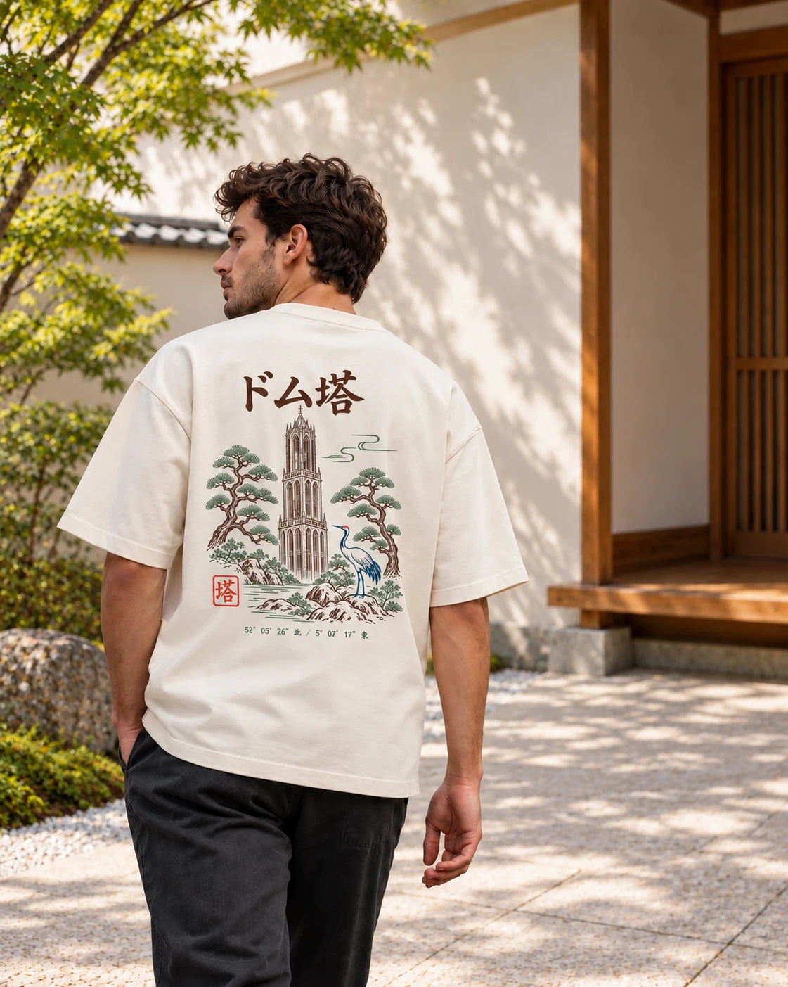 Fudō Tee 不動 | Zen Light — alternative back view showing the artwork in a Japanese setting