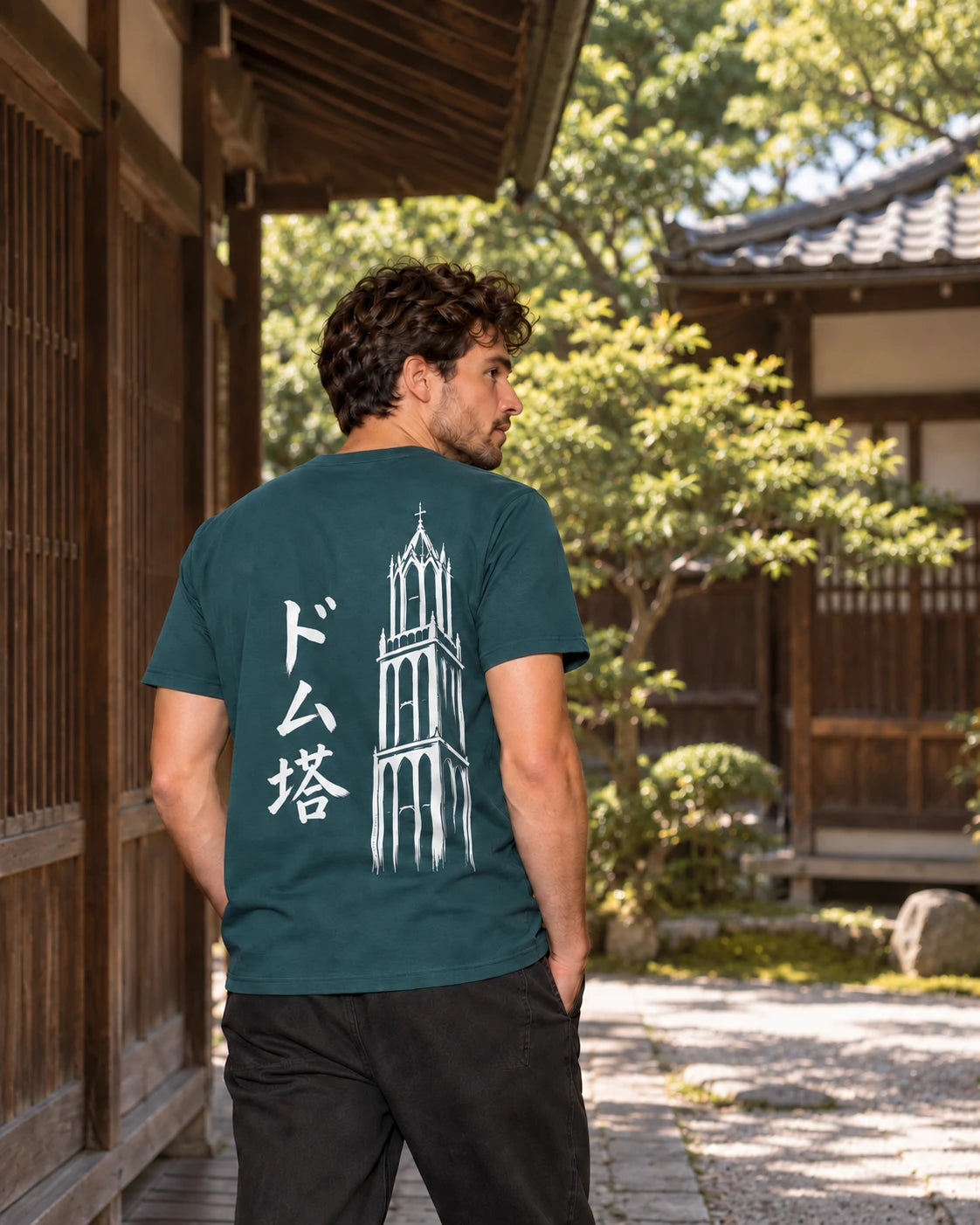 Kata Tee Embroidered 型 | Ink — alternative back view showing the printed Ink artwork in a Japanese courtyard