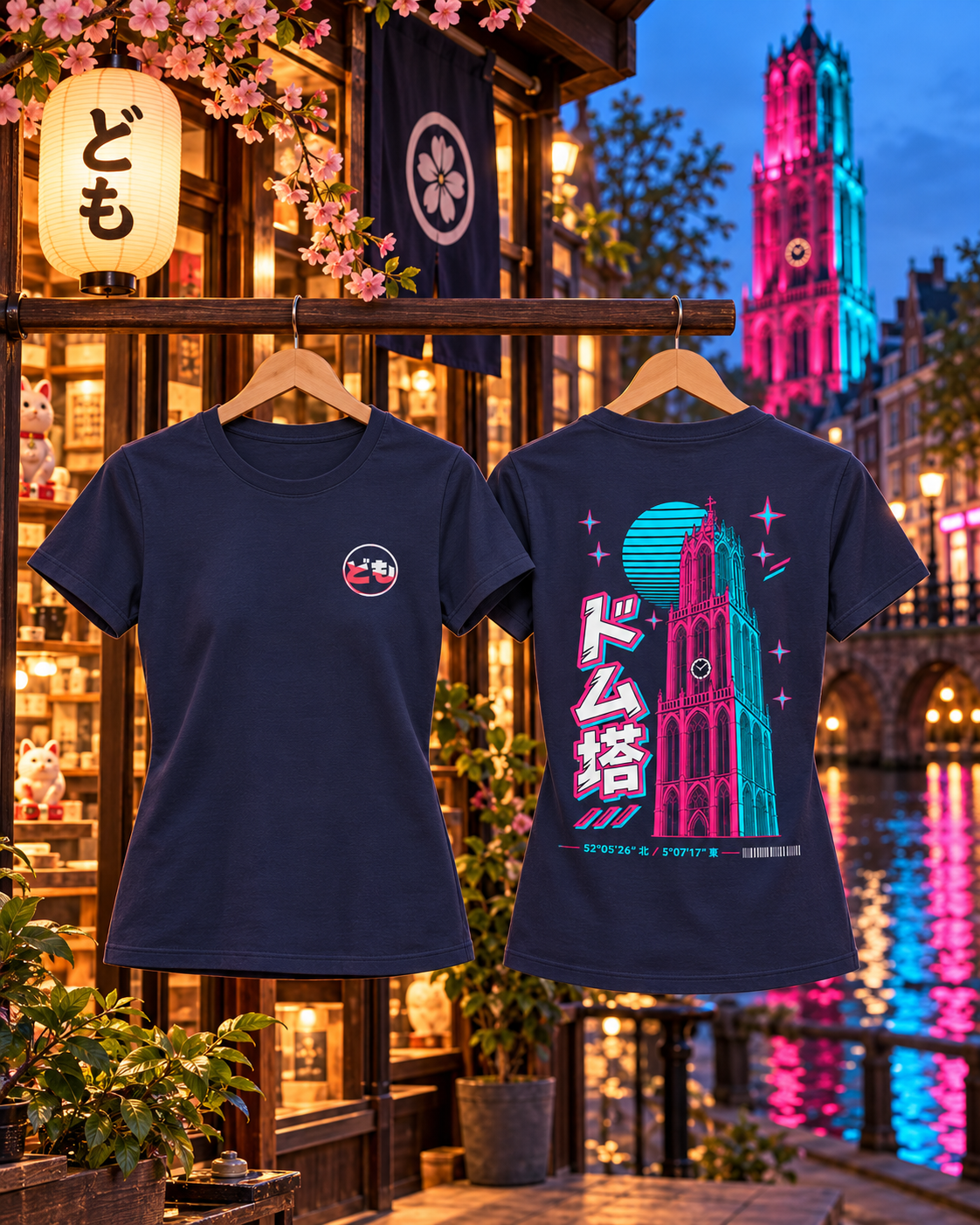 Saki Tee 咲 | Neo — women's fit — front and back on hangers