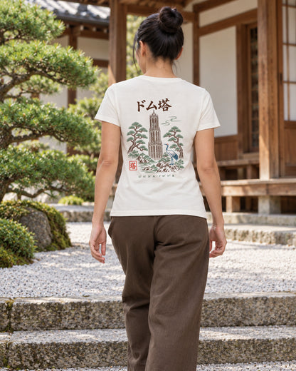 Saki Tee 咲 | Zen Light — back view showing the artwork in a Japanese setting