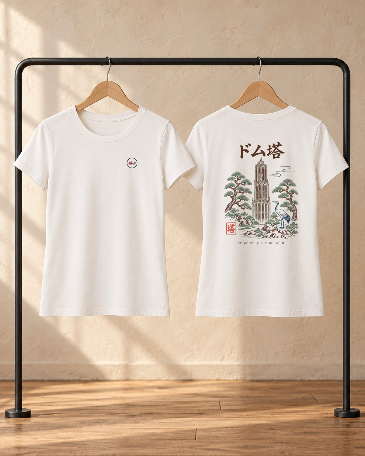 Saki Tee 咲 | Zen Light — front and back views on hangers