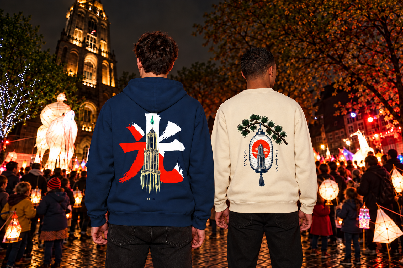 Two people at Domplein: the navy Candle hoodie on the left and the cream Nagasode Lantern sweater on the right.